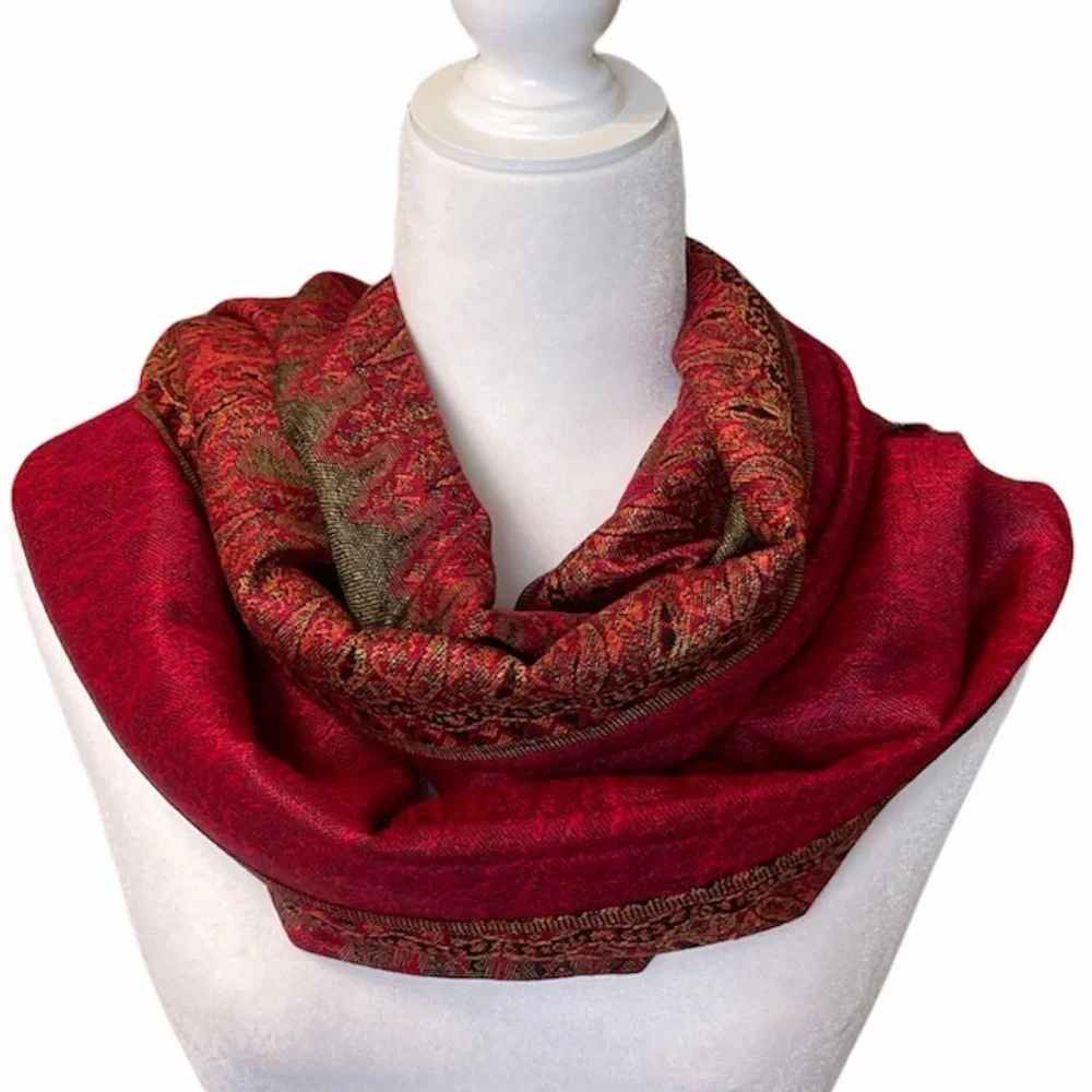 RED Pashmina Style Border Pattern Scarf/ Shawl NEW